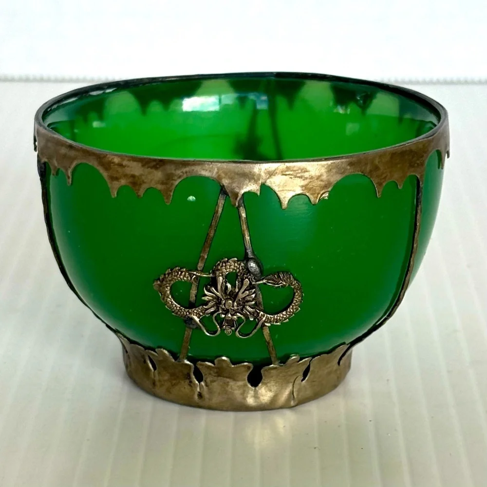 Chinese Green jade colored glass Bowls Metal Mount with Dragon & Phoenix vintage - Picture 1 of 9